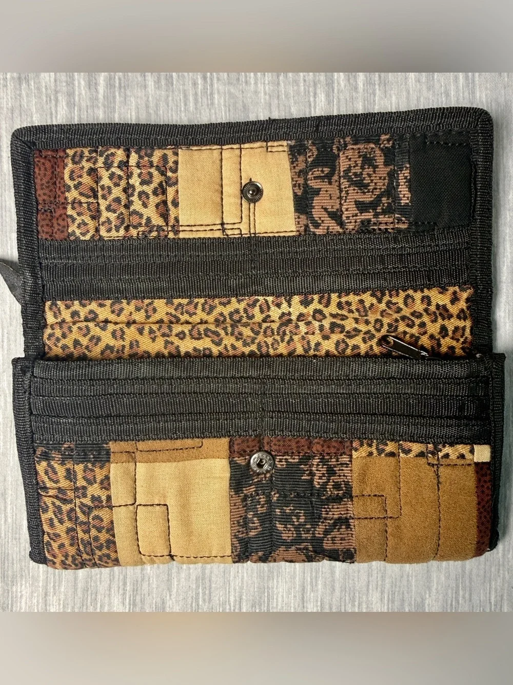 Donna Sharp Quilted Patchwork Leopard Print Trifold Wallet Brown Black Tan
